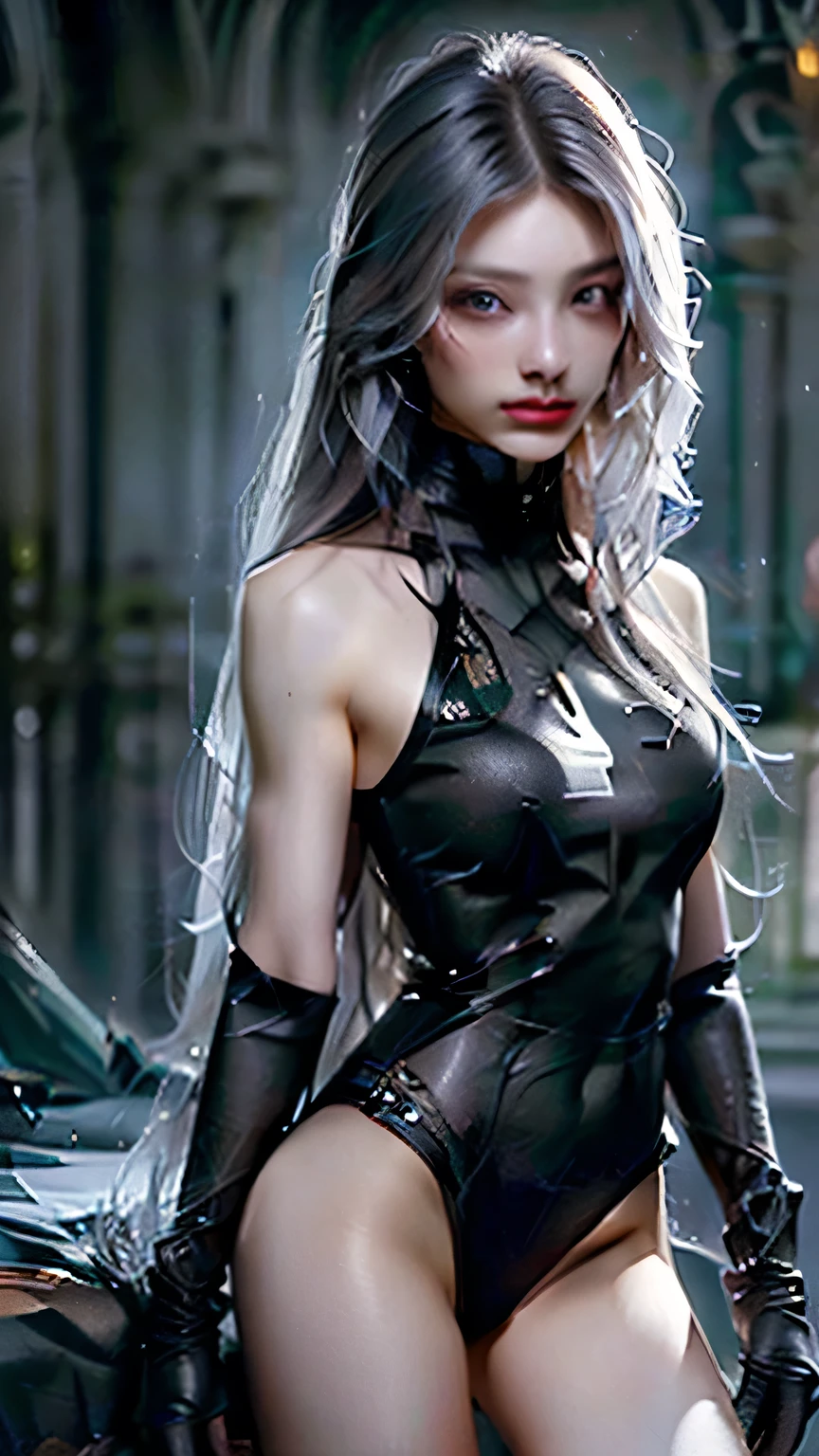 (Sci-fi fantasy), (masterpiece), (Professional Oil Painting) (最high quality), (8K resolution), (1 beautiful girl), ((Pale grey skin)), (Iron grey skin), ((Black and white super high leg leotard))、((Red lipstick)), ((Black sneakers)), (Concept Art), Small box, (Long Hair), (Messy Hair), (Black Hair), (Iron-gray hair), ((With futuristic weapons)), (ammunition), ((Moonlight at night)), (Sit down and think)), masterpiece, 最high quality, high quality, High resolution,