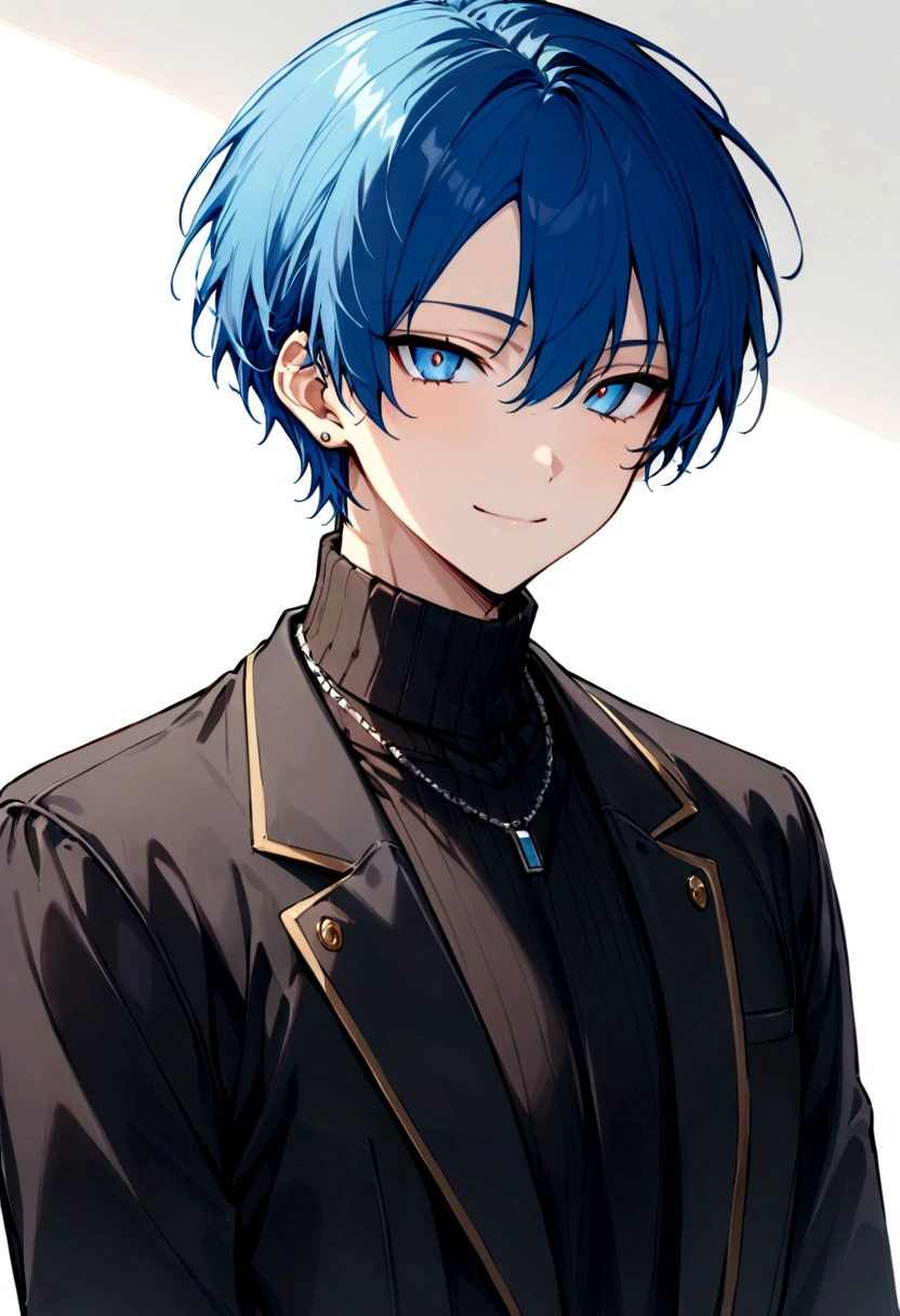 Streaming portrait、solo、Only one person、male、30 years old、front、View center、frontから、front、グレーのJacket、smile、Long earrings、イケメhmm、youth、イケメhmm、male、male性、Short Hair(masterpiece, best quality:1.2), 30 years old、White background、male性、Rin々Shii、Sharp eyes、、Black turtleneck、Black clothes、Blue Hair、blue eyes、whole body、White background、male性、Short Hair、front向き、hmm、Jacket、カーゴパhmmツfront向き、male、ネックレスmaleらShii服装、Silver necklace、