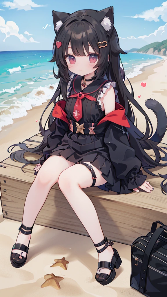 Wearing a black dress on the beach、long hair、Anime girl in black shoes, very beautiful anime cat girl, , beautiful anime cat girl, at the beach, cute anime cat girl, Beautiful anime girl squatting, At the beach,Dressed in black,Dressed in black mini skirt, Wearing strappy high heels,High heels with straps,seductive anime girl, on the beach, anime cat girl, Anime cute art style, Anime girl squatting