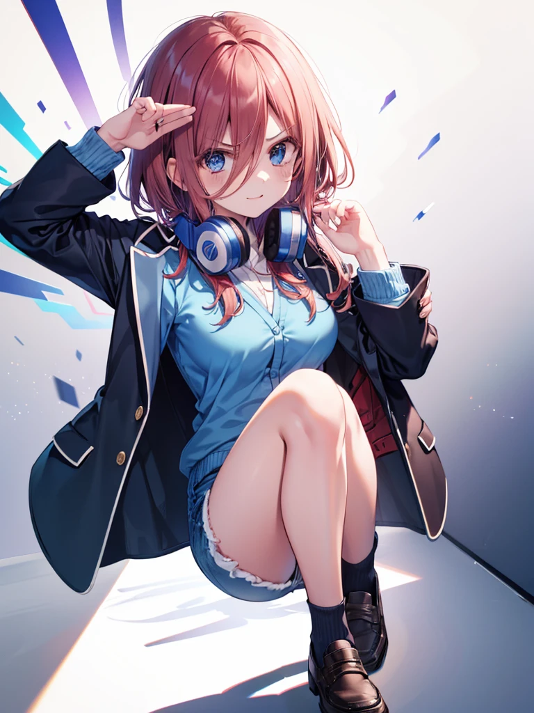 (8K, Highest quality, Highest quality, masterpiece), ((angry, :t)), (denim hot shorts), (mini shorts), big breasts, nm1, headphones around neck, long sleeves, blue cardigan, pantyhose, (fullbody), smile, school uniform, open jacket