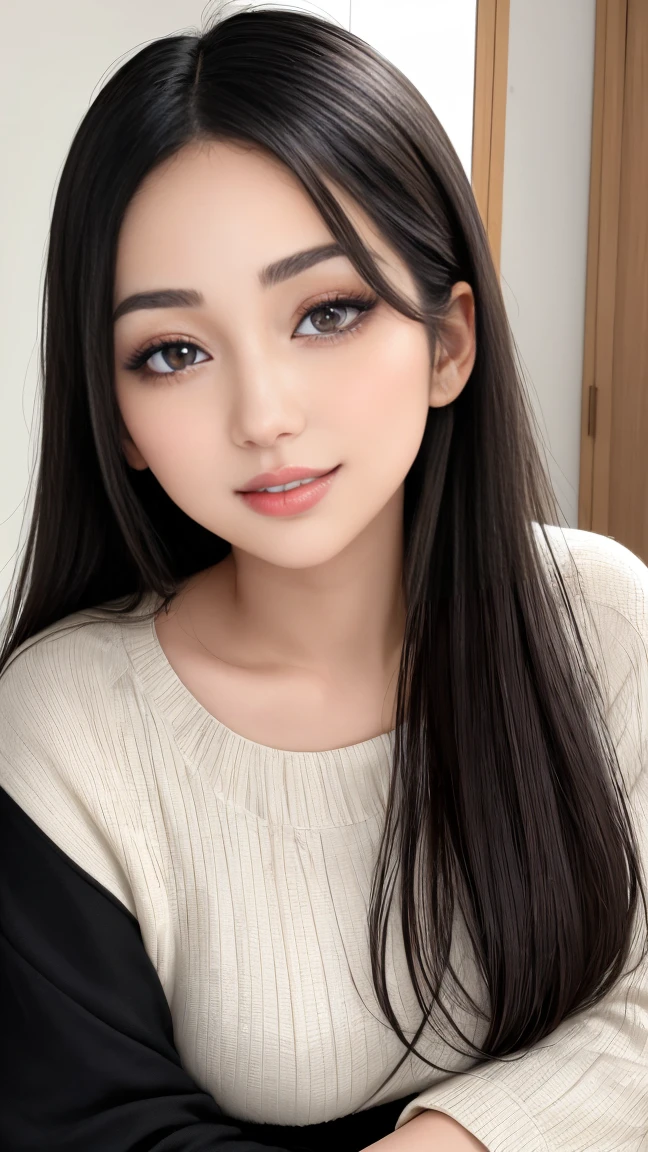 professional portrait of Ayu Putri, a 22-year-old Indonesian woman with a unique blend of Japanese and Indonesian features. Her face is characterized by a smooth, fair complexion, often described as the dream skin of many Asian girls. Ayu's flawless, porcelain skin has a radiant glow, capturing the essence of Japanese beauty standards. Her almond-shaped eyes are slightly upturned and framed by long, thick eyelashes, accentuating her expressive gaze. She has naturally arched eyebrows, a delicate, slightly pointed nose, and full, rosy lips that form a warm, inviting smile. Her silky black hair is straight and neatly styled to perfectly frame her face.