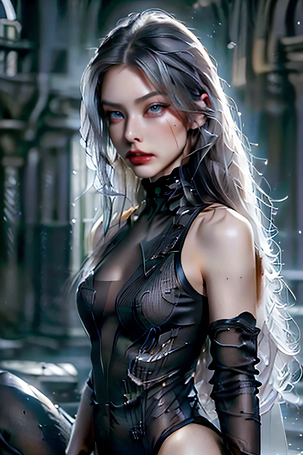 (Sci-fi fantasy), (masterpiece), (Professional Oil Painting) (最high quality), (8K resolution), (1 beautiful girl), ((Pale grey skin)), (Iron grey skin), ((Black and white super high leg leotard))､((Red lipstick)), ((Black sneakers)), (Concept Art), Small box, (Long Hair), (Messy Hair), (Black Hair), (Iron-gray hair), ((With futuristic weapons)), (ammunition), ((Moonlight at night)), (Sit down and think)), masterpiece, 最high quality, high quality, High resolution,