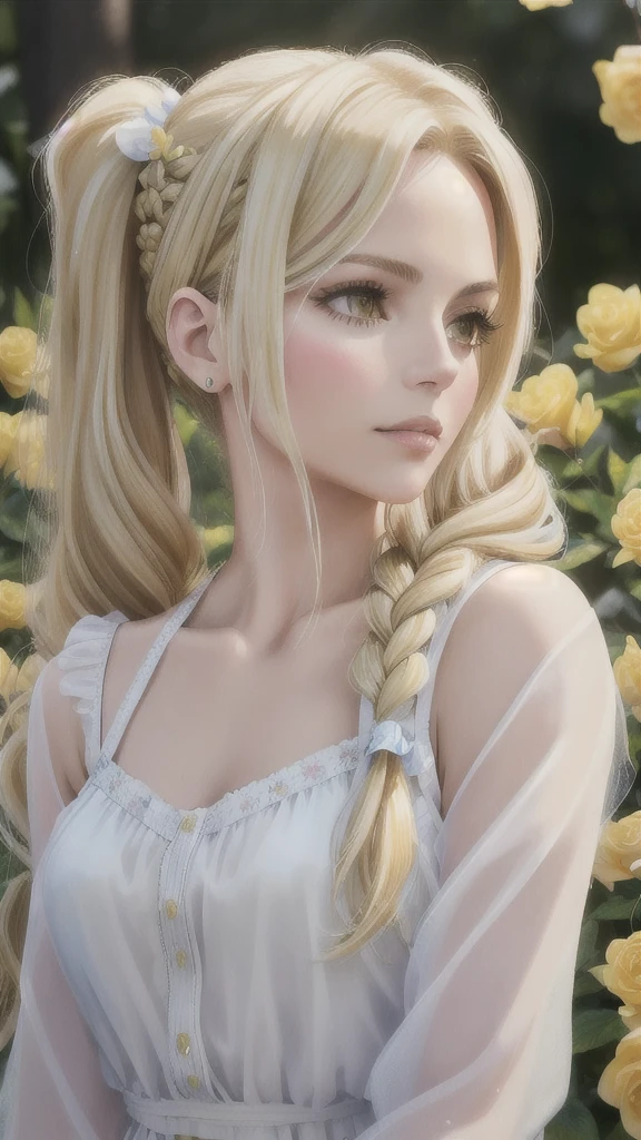 michelle pfeiffer, a close up of a woman with long blonde hair and flowers in her hair, a digital rendering inspired by Slava Raškaj, reddit, realism, her hair is white, pigtails hairstyle, film still of kim kardashian, with yellow flowers around it, long blond braided hair, long braided blond hair, blonde braided hair, blond hair with pigtails, looks realistic  ((realism)), extremely high quality RAW photograph, ultra detailed photograph, sharp focus, high resolution, high quality, film grain, Fujifilm XT3,Highly Detailed, movie, (Cinematic Photo:1.3) of (Realistic:1.3),Photorealism, (Magical Photo:1.3)