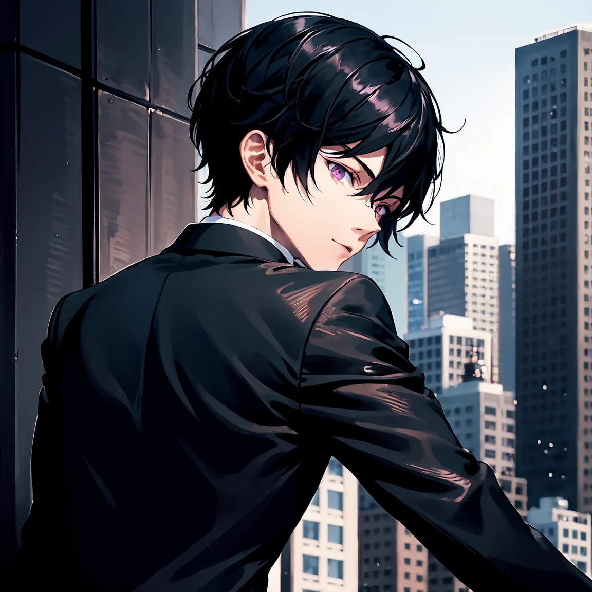 1 boy, black short hair, dark purple eyes, Wearing an all black suit, top of building, high resolution, extra sharp, 8K, Masterpiece, Look at the audience from behind