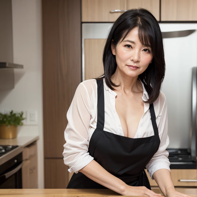 Mature Woman、Beauty、49 years old、Small breasts、she、blush、Embarrassed、Unbuttoned、clear、Black Hair、indoor、apron、Emphasize the chest、reality
