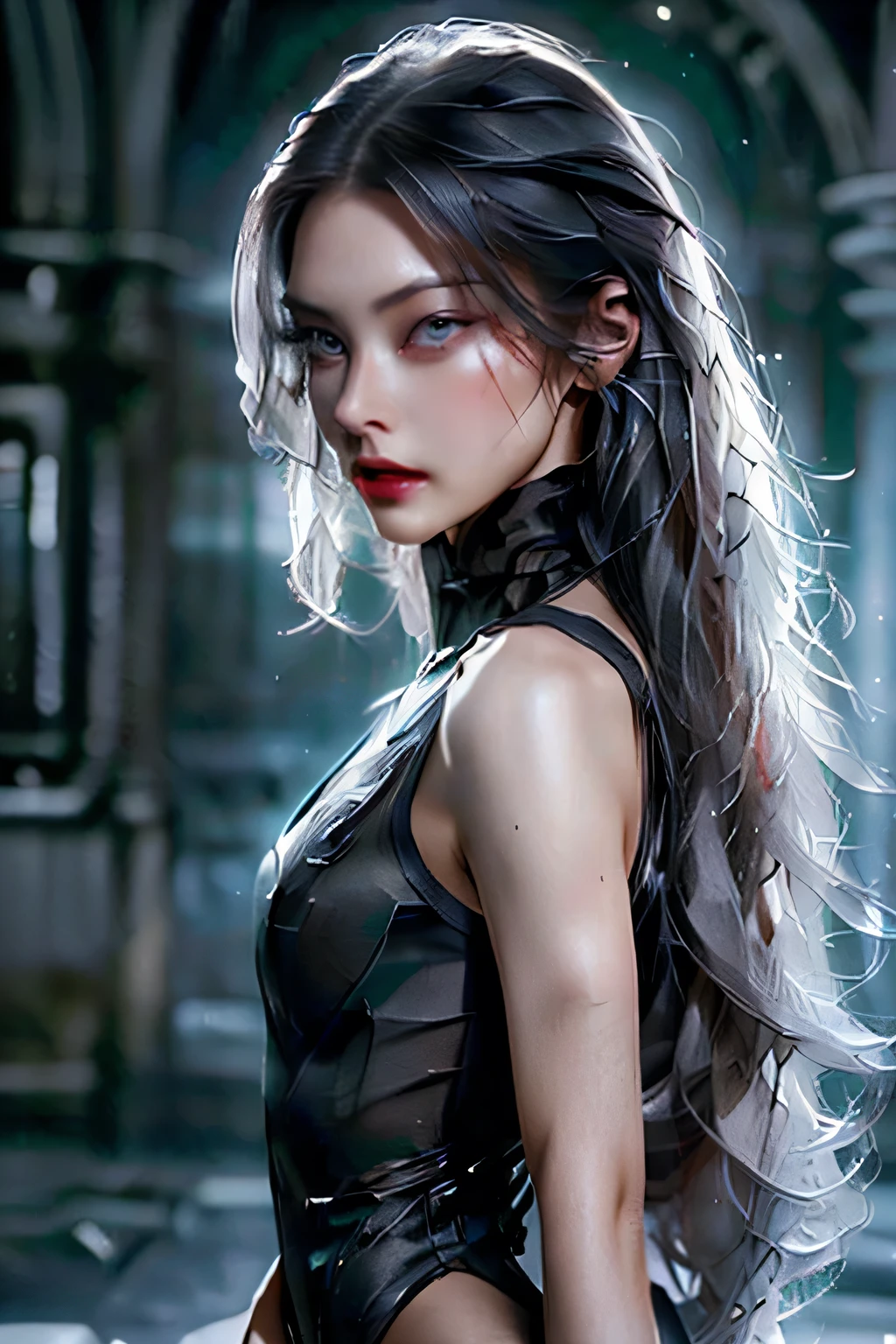 (Sci-fi fantasy), (masterpiece), (Professional Oil Painting) (Highest quality), (8K resolution), (1 beautiful girl), ((Pale grey skin)), (Iron grey skin), ((Jeans Clothes)),(Red jacket)), ((Black t-shirt underneath), ((Red lipstick)), ((Black sneakers)), (Concept Art), Small box, (Long Hair), (Messy Hair), (Black Hair), (Iron-gray hair), ((With futuristic weapons)), (ammunition), ((Moonlight at night)), (Sit down and think))