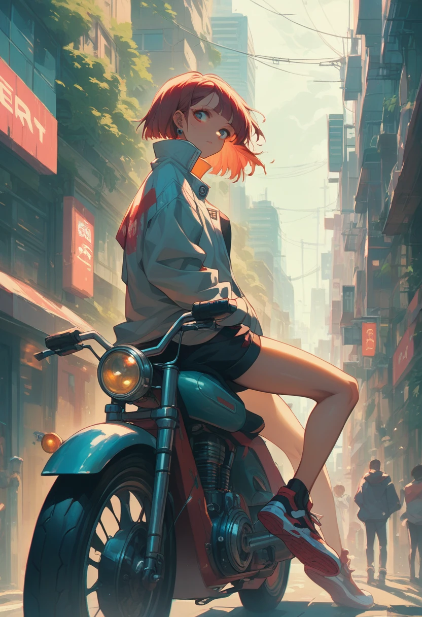 A girl riding a bike in the city with buildings in the background, 8K、Cyberpunk Art、Sitting on a cyberpunk bike、8K壁紙、Cyberpunk art、Medium chest