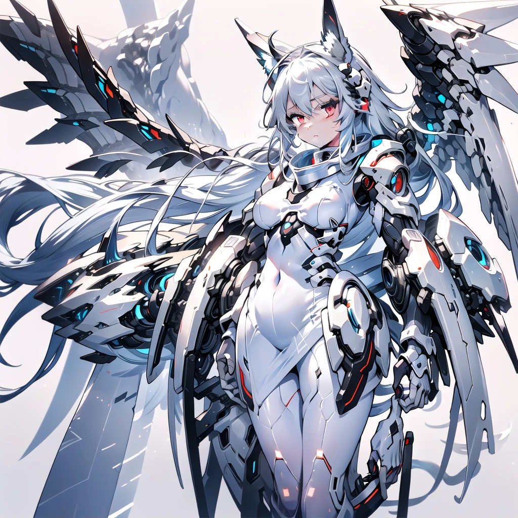 masterpiece, highest quality, highest resolution, clear_image, detailed details, White hair, long hair, cat ears, 1 girl, red eyes, white pantyhose, sci-fi dress, white scarf (white scarf around the neck with a light blue glow), gray futuristic halo (gray halo over the head), white wings (4 wings), cute, fulld body, no water marks, outer space