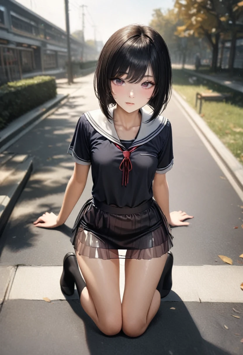18 years old female, long hair, RAW photo, bokeh (realism: 1.4, realistic), high detail CG unified 8K wallpaper, 1girl, ((slim body: 1)), (small breasts: 1), back to viewer, ((direct view from the front)), (HQ skin: 1.4), 8k uhd, dslr, soft light, high quality, film grain, Fujifilm XT3, ((school uniform, short skirt,see through open skirt:1.5)), ((outdoor, at park))) jangjoo, portrait,((Layered short Haircut, black hire,small breast:1.2)),(looking at viewer:1.4),(full body:1.8)