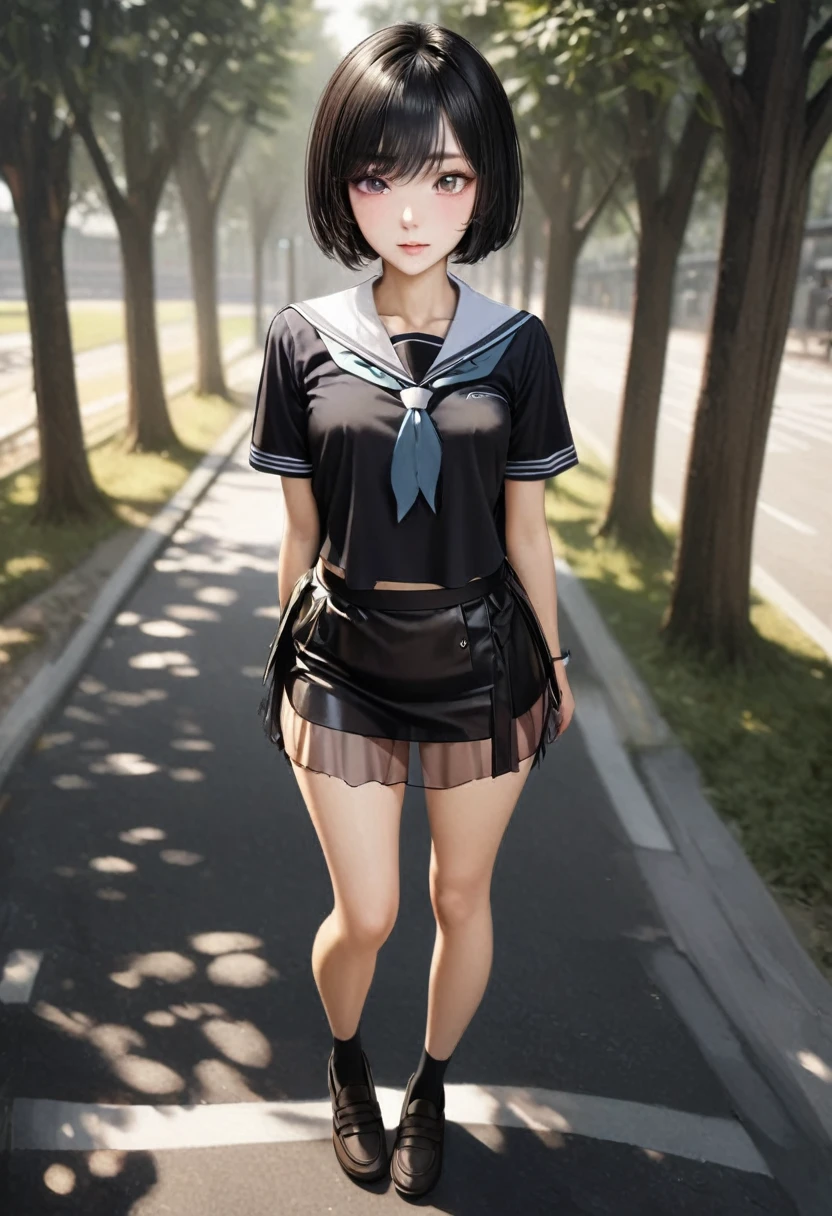18 years old female, long hair, RAW photo, bokeh (realism: 1.4, realistic), high detail CG unified 8K wallpaper, 1girl, ((slim body: 1)), (small breasts: 1), back to viewer, ((direct view from the front)), (HQ skin: 1.4), 8k uhd, dslr, soft light, high quality, film grain, Fujifilm XT3, ((school uniform, short skirt,see through open skirt:1.5)), ((outdoor, at park))) jangjoo, portrait,((Layered short Haircut, black hire,small breast:1.2)),(looking at viewer:1.4),(full body:1.8)