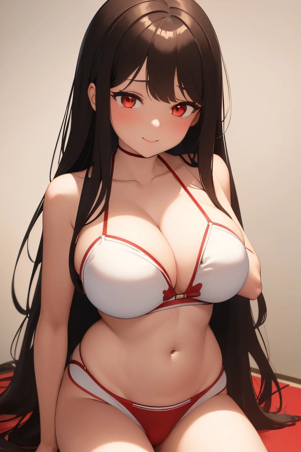 ((Best Quality)), ((Masterpiece)), (detailed), 1 girl. The other girl had long dark brown hair that reached her knees., Red eyes, White skin, Big bust, thin with hips, big tail, Red and white bikini, happy face with a slight blush on his cheeks.