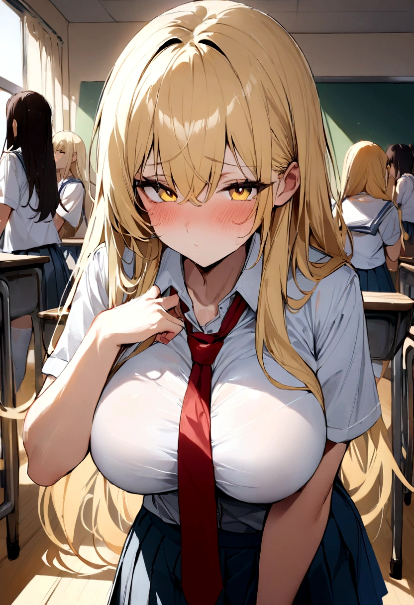 masterpiece、Highest quality、Best image quality、High resolution、Big Breasts、、School-Uniform、Red tie、Summer clothes、Blonde、Yellow Eyes、Long Hair、In the classroom、calm、