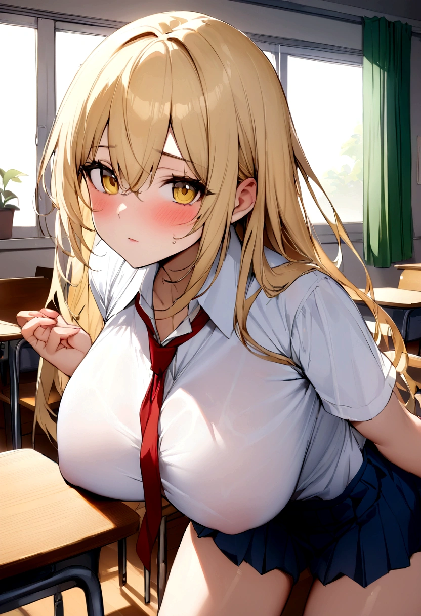 masterpiece、Highest quality、Best image quality、High resolution、Big Breasts、、School-Uniform、Red tie、Summer clothes、Blonde、Yellow Eyes、Long Hair、In the classroom、calm、