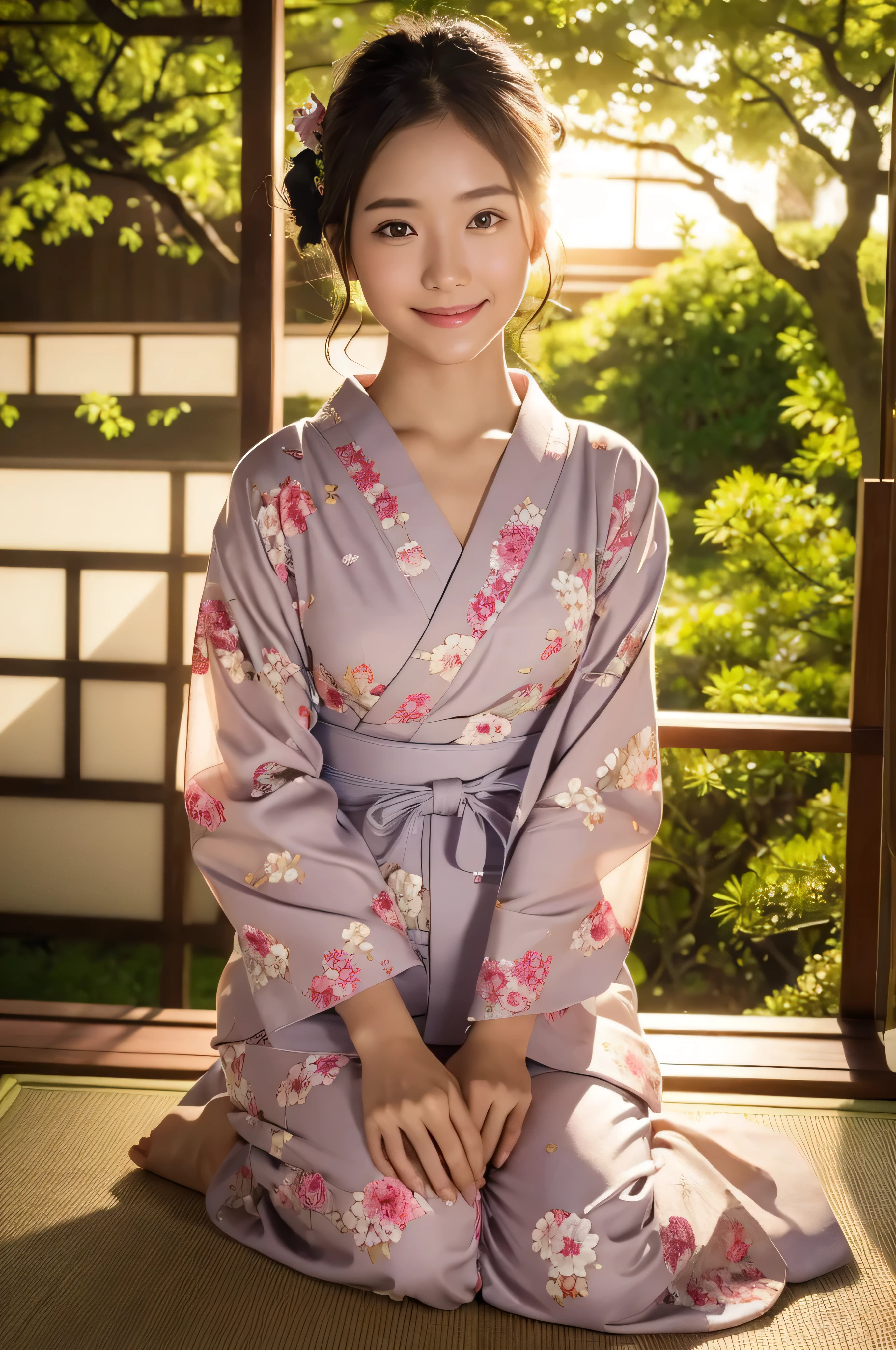 (Photorealsitic:1.4), (Top image quality:1.0), (超A high resolution:1.0), 8K, Raw photography, (masterpiece:0.2), (pureerosface_v1:0.5)、(Best Quality Detail:1.2)、realisitic、8K UHD、hight resolution、(1girl in:1.2)、The ultra-detailliert、High quality textures、intricate detailes、detaileds、Very detailed CG、High quality shadows、Detail Beautiful delicate face、Detail Beautiful delicate eyes、depth of fields、Ray traching,1girl in, japanaese girl, Cute, slender, yukata with Japanese pattern,Floral scrunchie, Beautiful skin, Facing the front,Sit down, Sit upright and say thank you,Align your hands elegantly,Smile faintly The Land of Japan,Japanese garden,Luxury Japanese-style room, skyporn, Magic Hour, (Realistic:1.3), Finely detailed, quality, (masutepiece:1.2), (Photorealistic:1.2), (Best Quality), (Intricate details), Dramatic, Ray tracing, photograph, +Lola