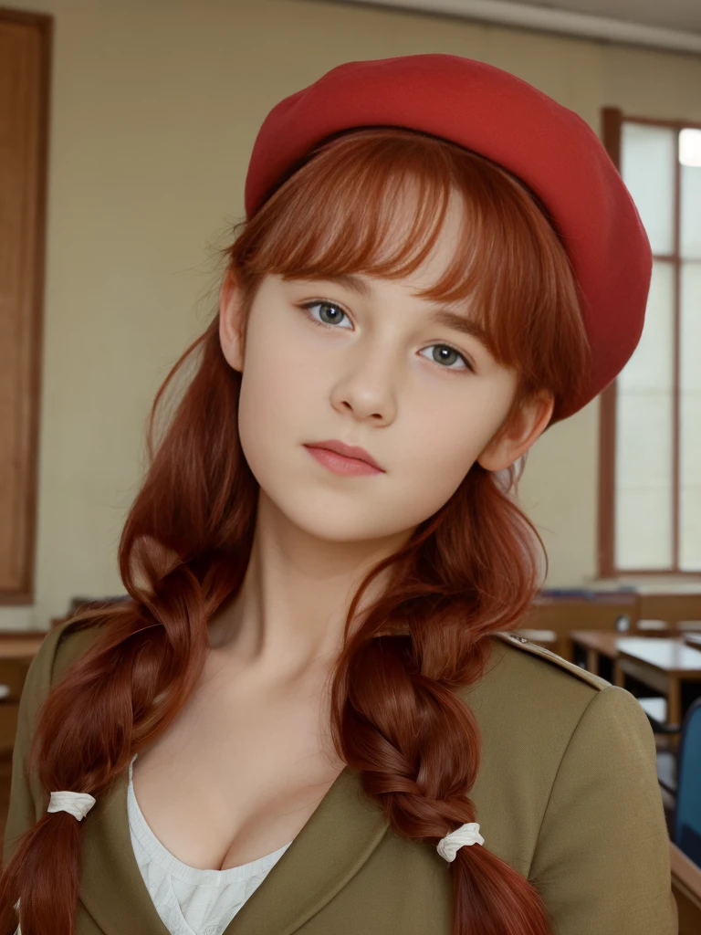 (best quality,4k,8k,highres,masterpiece:1.2),ultra-detailed,(realistic,photorealistic,photo-realistic:1.37), ((a girl in classroom, she wears uniform and beret, shy, braided red hair)), ((slim body, very large bust size for her young age))