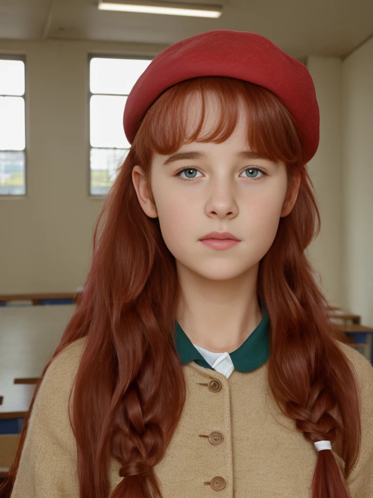 (best quality,4k,8k,highres,masterpiece:1.2),ultra-detailed,(realistic,photorealistic,photo-realistic:1.37), ((a girl in classroom, she wears uniform and beret, shy, braided red hair)), ((slim body, very large bust size for her young age))