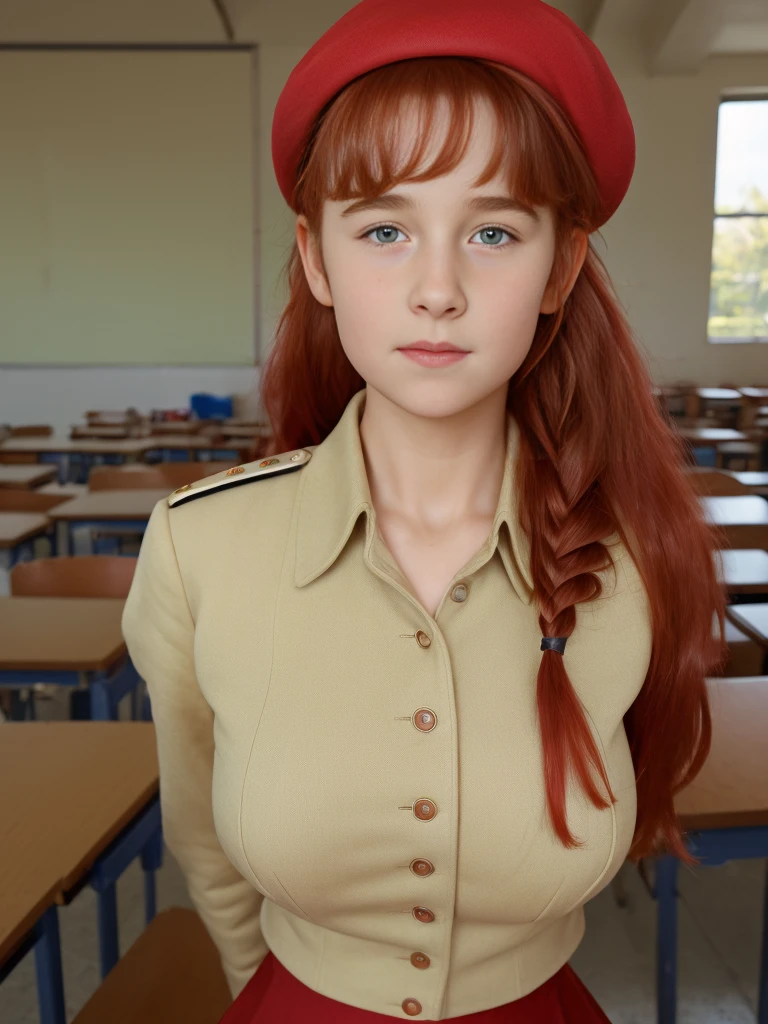 (best quality,4k,8k,highres,masterpiece:1.2),ultra-detailed,(realistic,photorealistic,photo-realistic:1.37), ((a girl in classroom, she wears uniform and beret, shy, braided red hair)), ((slim body, very large bust size for her young age))