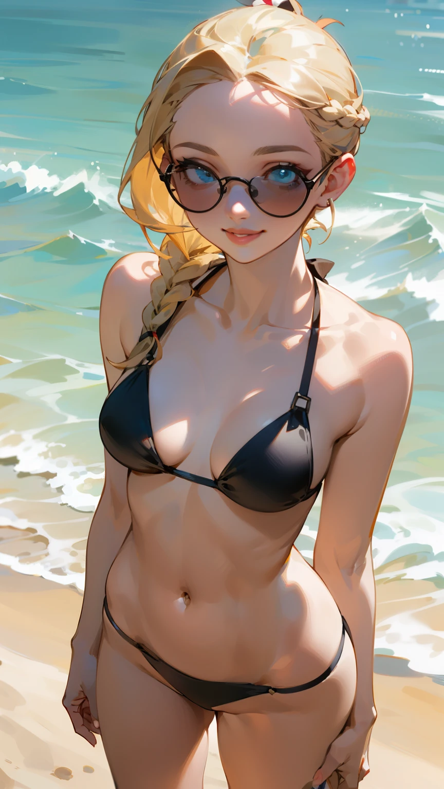 (masterpiece), ((best quality)), (super detailed), (beautiful eyes, beautiful details eyes, Clean and delicate face), Single Braided blonde pony tail, parted bangs, forehead, blue eye, smile, lips apart, wearing black bikini with sunglasses shaped accessories, standing on Summer sandy beach