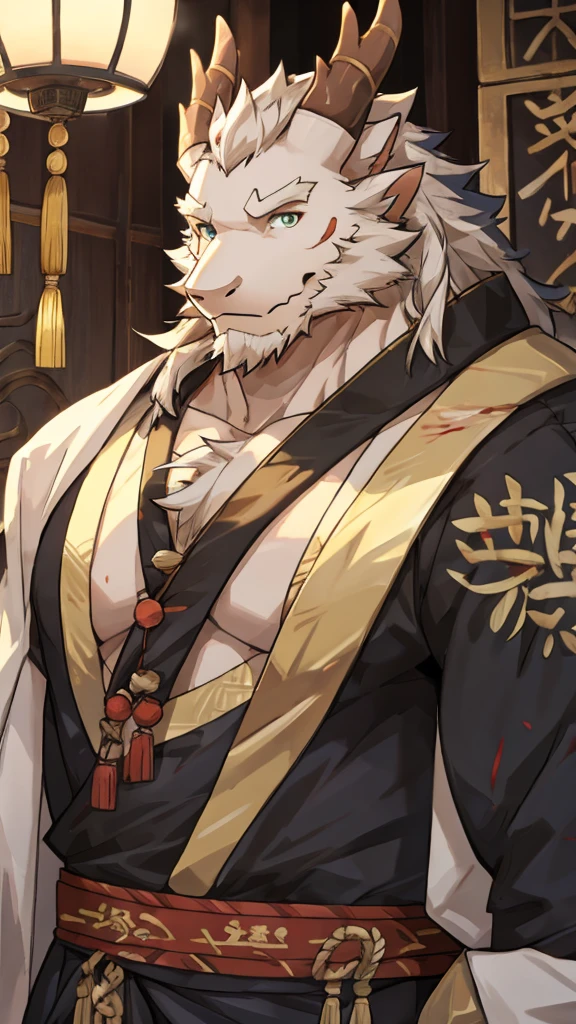 (white eastern dragon),furry,white mustache,big pecs,hearty males,muscular,black imperial robe,naked,adult,traditional_chinese_room,head portrait,scar,blood