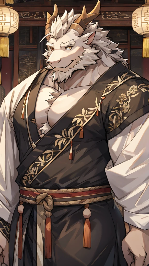 (white eastern dragon),furry,white mustache,big pecs,hearty males,muscular,black imperial robe,?????,adult,traditional_chinese_room,head portrait,scar,blood