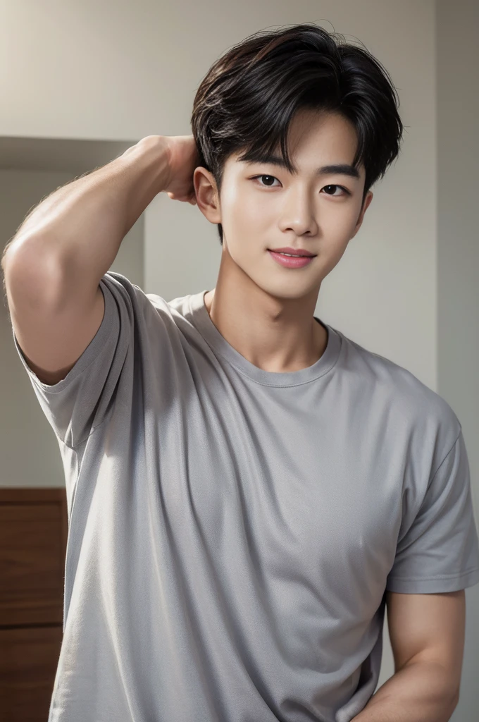 Korean man, Inspiration from Peng Yuyan, 30 years old, 236 years old, Cute Korean Face, 35 yo, 33 year old Korean muscular man，The bedroom is at the back. white t-shirt, open mouth smile