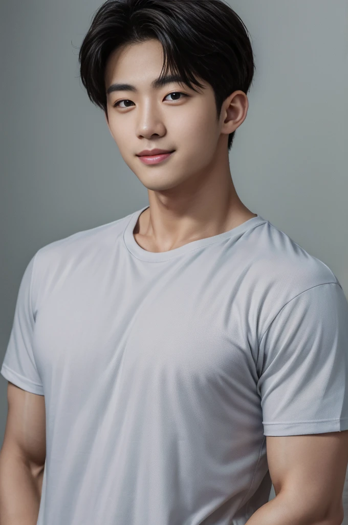 ((Highest quality, 8K, Masterpiece: 1.3))、Cool Korean guy, 1A man who has、 yo、Good appearance、Beautiful nose、smile、 Detailed eyes and face、beautiful light、(studio)、high resolution、(Look at the viewer.)、Fine mouth、smile、whole body: 1.5, perfect shape: 1.3, Picture of both shoulders:1.3, Gray round neck t-shirt:1.5