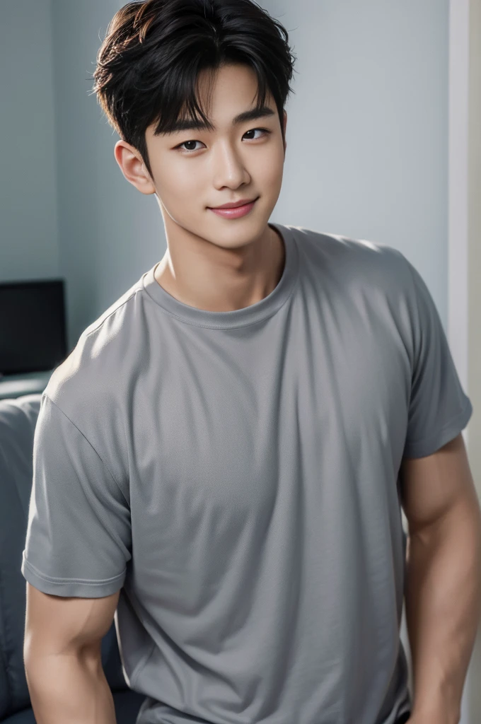 ((Highest quality, 8K, Masterpiece: 1.3))、Cool Korean guy, 1A man who has、 yo、Good appearance、Beautiful nose、smile、 Detailed eyes and face、beautiful light、(studio)、high resolution、(Look at the viewer.)、Fine mouth、smile、whole body: 1.5, perfect shape: 1.3, Picture of both shoulders:1.3, Gray round neck t-shirt:1.5
