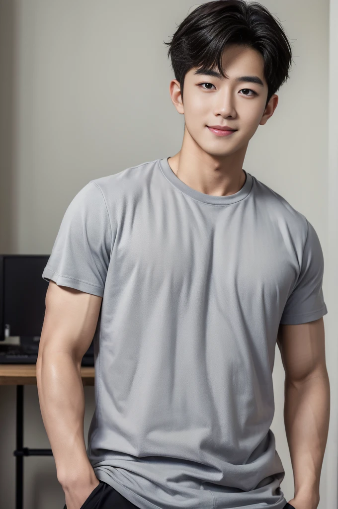 ((Highest quality, 8K, Masterpiece: 1.3))、Cool Korean guy, 1A man who has、 yo、Good appearance、Beautiful nose、smile、 Detailed eyes and face、beautiful light、(studio)、high resolution、(Look at the viewer.)、Fine mouth、smile、whole body: 1.5, perfect shape: 1.3, Picture of both shoulders:1.3, Gray round neck t-shirt:1.5