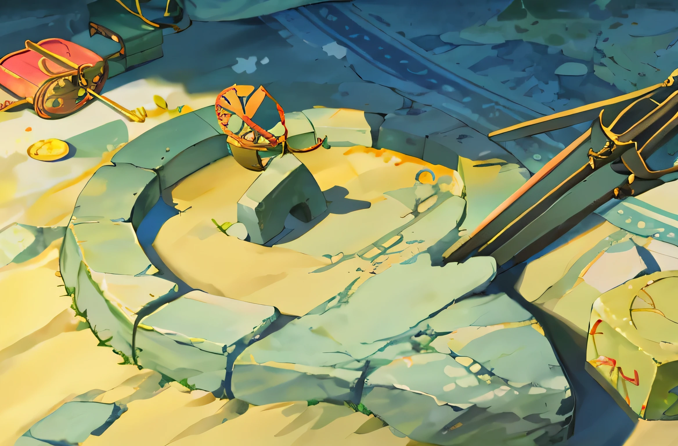 summer, A roulette board carved out of stone on the beach sand., A stone pulling wheel stuck into the ground at an angle, No shadows, Bright light all over the screen