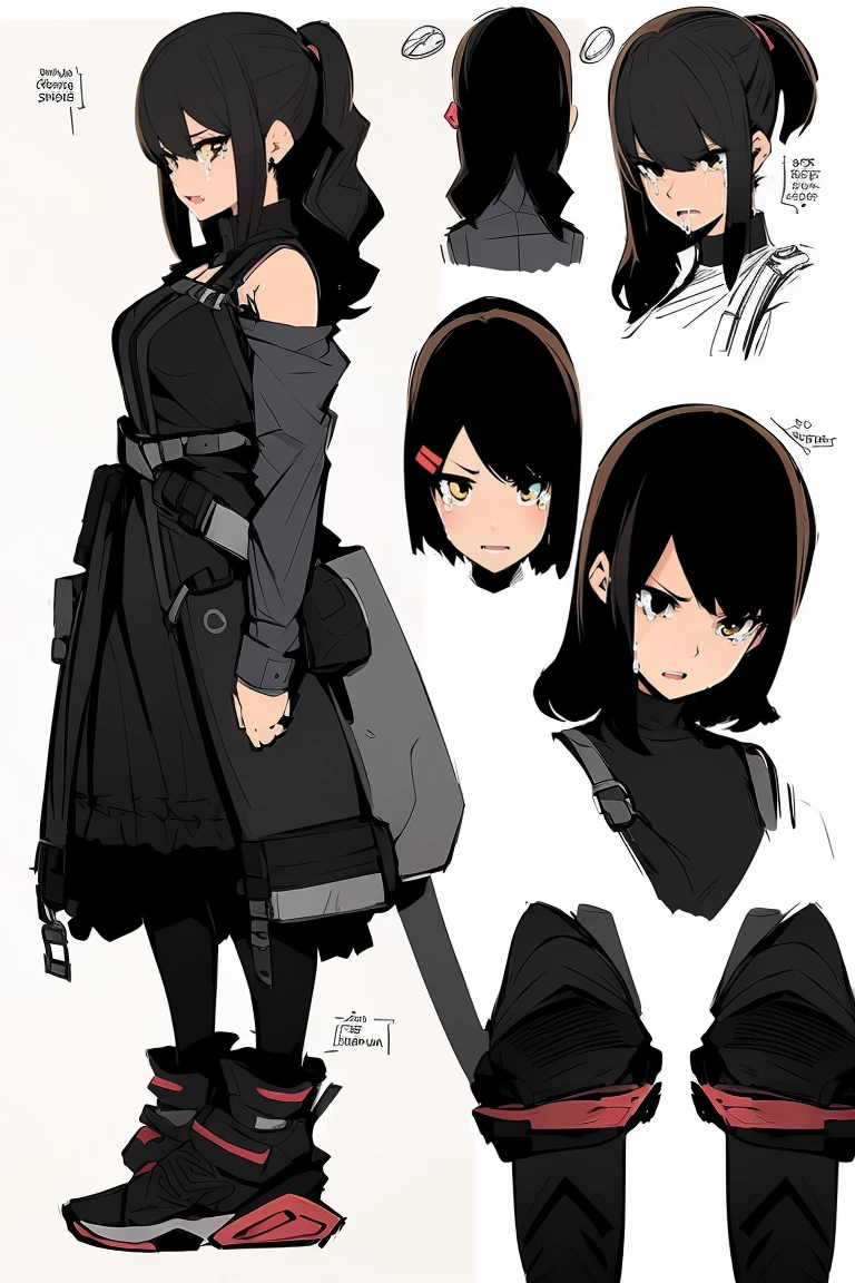 ((three-sided view, front view, side view, back view, multiple views, multiple poses and expressions, many parts)), concept art, character concept art, character sheet, Full body, illustration, (simple background, gray background), 1 character, 1girl, fantasy art, (hui xiyi:0.7), rekkyo sensen, rekkyou sensen, girls with((black hair, bangs, (one side up, long wavy hair, hair clips:1.55), perfect hands, perfect fingers, (exposed breasts, tits cleavage, breasts close up:1.2), dress((suspenders, dress, belts:1.15), (blue clothes, frills shirt, no sleeves, sleeveless, frills panniers, long sleeves:1.52)), (white legwear, thighhighs, single thighhighs, single legwear, black footwear, strap shoes:1.42))