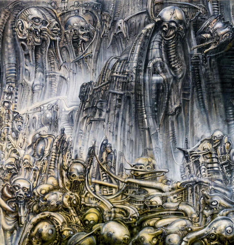 Giger_style, The image is a detailed view of H.R. Giger's \" Landscape XVI \" plate, featuring a complex network of bones and organs in a purple-brown hue ,swirling gray and brown colors. The artwork is silver and purplish brown, with an ivory bones prominently displayed. The image is highly detailed and intricate, almost like a 3d version of a medical sketch.
The piece is a tableau, Giger_style, A painting of (biological style scenery), (neoplasticism:liminal void:0.1),a landscape under nebulous sky, dieselpunk biological living, colossal,mechano-organic, infestations over beomesurreal biomechanical landscape, , robotics cross sections, ((perspective)), h r giger's city,giger_style, by (hariton pushwagner:h.r. giger:0.6), detailed innards,(((cleen colors palette,saturated, silver crimson and gold, intoxicatingly blue and understand grey))), (process art:deconstructivism), allegory of sin,infinitely detailed ultrafine and contrast organic textures,big painting,, medium: airbrush, biomech, aerial view yoji shinkawa, award winning on artforum, (( high contrast)), trend on quality of details,colorized: vibrant colors, incredibly detailed and hyper-detailed, masterpiece