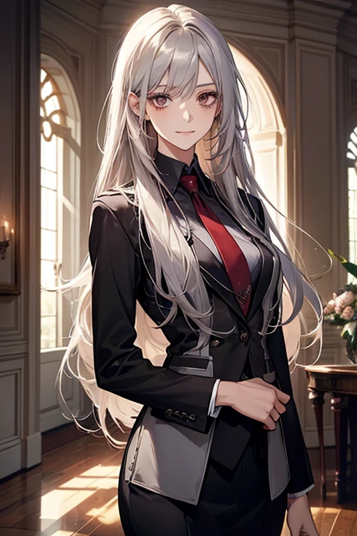 (Confused, High resolution, Very detailed), 1 female, Silver Hair,Long Hair,Reddish brown eyes,suit,Tie your hair low,24th generation,Beautiful woman,mature,thin,quiet,Calm,Small breasts,A small smile,Reception room,