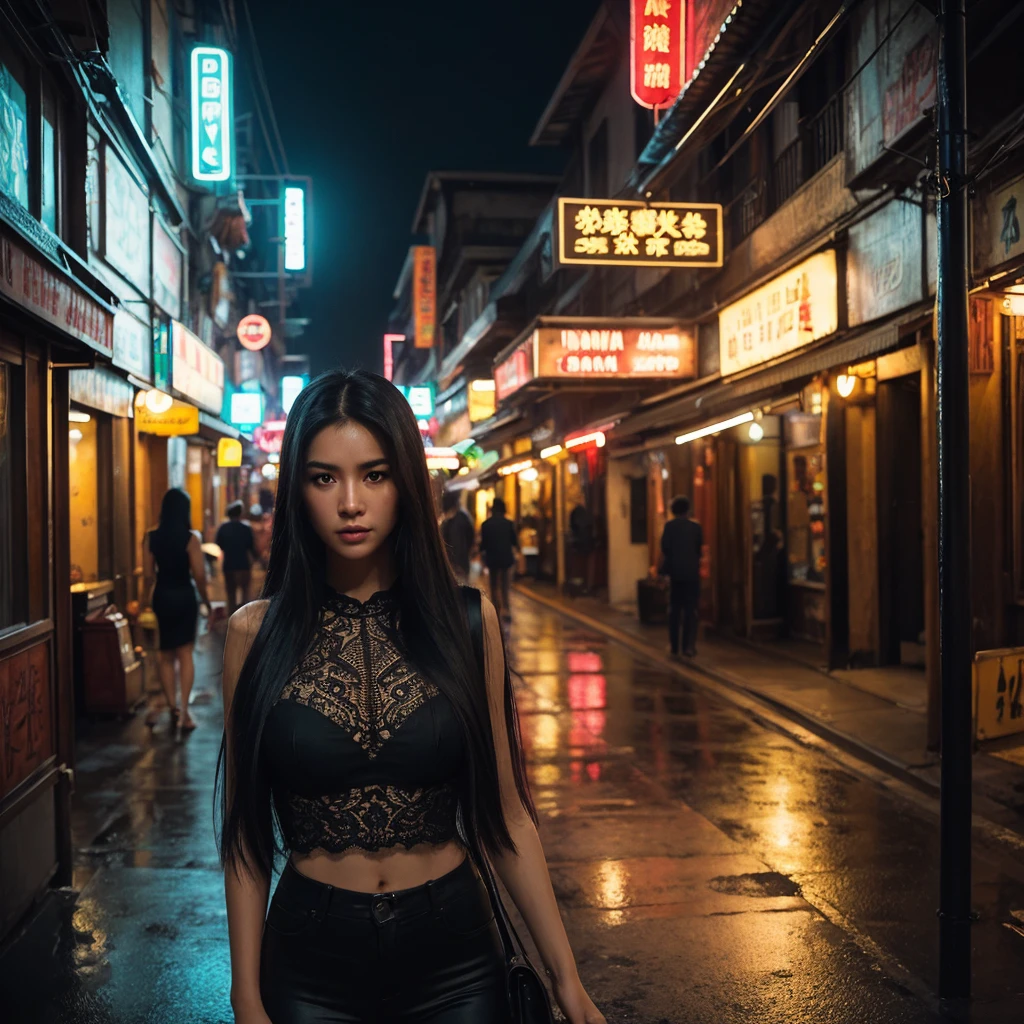 a beautiful girl with long black hair, detailed eyes and lips, standing alone on the middle of a street in Thailand's Chinatown, 1girl, high contrast, vibrant colors, cinematic lighting, photorealistic, 8k, extremely detailed, hyper realistic, masterpiece, digital art, cinematic, muted tones, dramatic lighting, moody atmosphere, detailed environment, intricate architecture, cobblestone street, neon signs, lush greenery, atmospheric haze, beautiful detailed face, elegant pose, breathtaking, cinematic composition, flawless detail, stunning realism