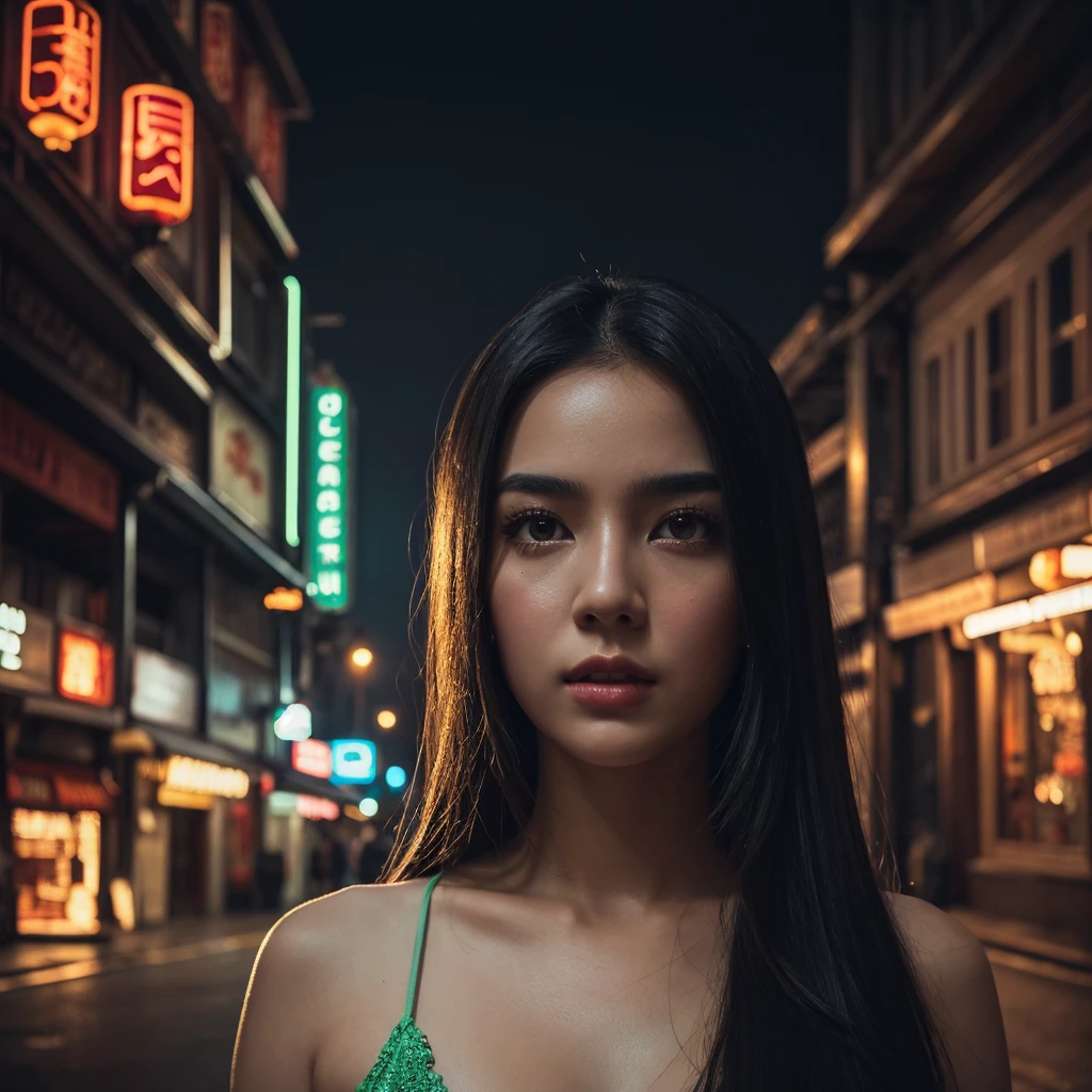 a beautiful girl with long black hair, detailed eyes and lips, standing alone on the middle of a street in Thailand's Chinatown, 1girl, high contrast, vibrant colors, cinematic lighting, photorealistic, 8k, extremely detailed, hyper realistic, masterpiece, digital art, cinematic, muted tones, dramatic lighting, moody atmosphere, detailed environment, intricate architecture, cobblestone street, neon signs, lush greenery, atmospheric haze, beautiful detailed face, elegant pose, breathtaking, cinematic composition, flawless detail, stunning realism
