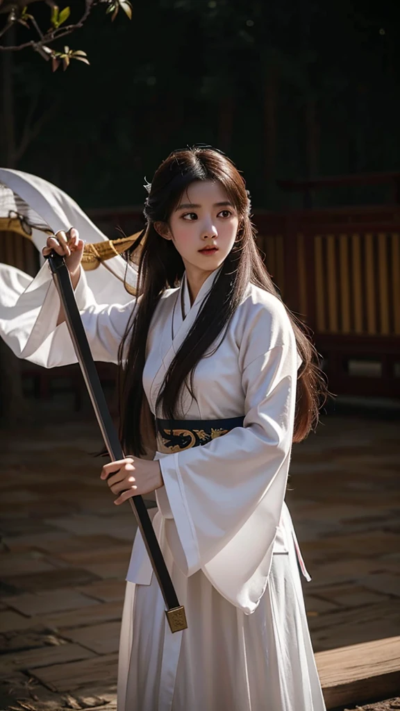 A girl with long hair, dressed in a traditional white Hanfu, holding a sword, engaged in battle during a Chinese kingdom war, with a movie stills style