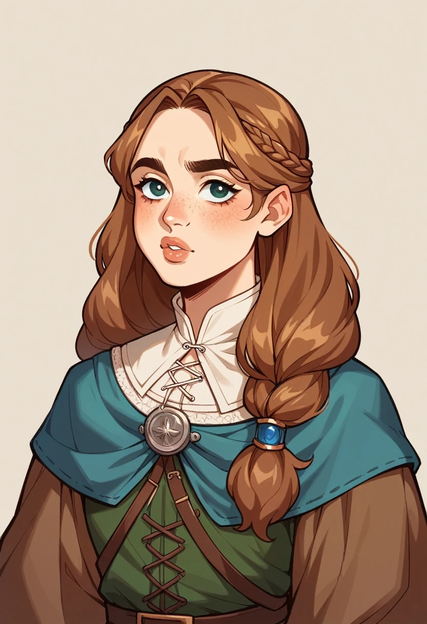 A 17-year-old female dwarf with an endomorph build, fair skin, and medium-length, caramel hair styled in a complex updo. Her square face is strong and confident, with almond eyes that reflect a kind, nurturing spirit. Full lips and a large button nose, adorned with freckles, add a charming, youthful touch. Her broad, curved eyebrows lend a sense of determination and strength to her appearance. Clothing of a medieval fantasy adventurer warrior traveler