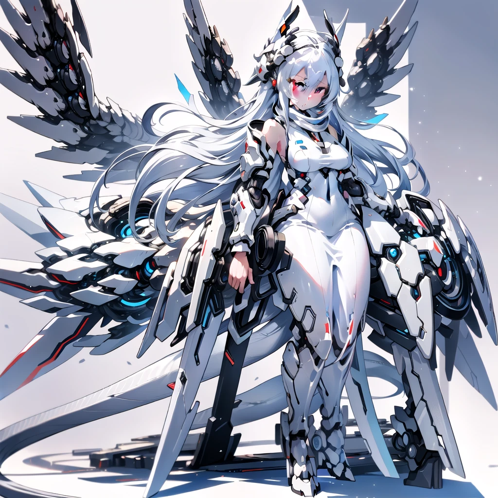 masterpiece, highest quality, highest resolution, clear_image, detailed details, White hair, long hair, cat ears, 1 girl, red eyes, white pantyhose, sci-fi dress, white scarf (white scarf around the neck with a light blue glow), gray futuristic halo (gray halo over the head), white wings (4 wings), cute, full body, no water marks, snow