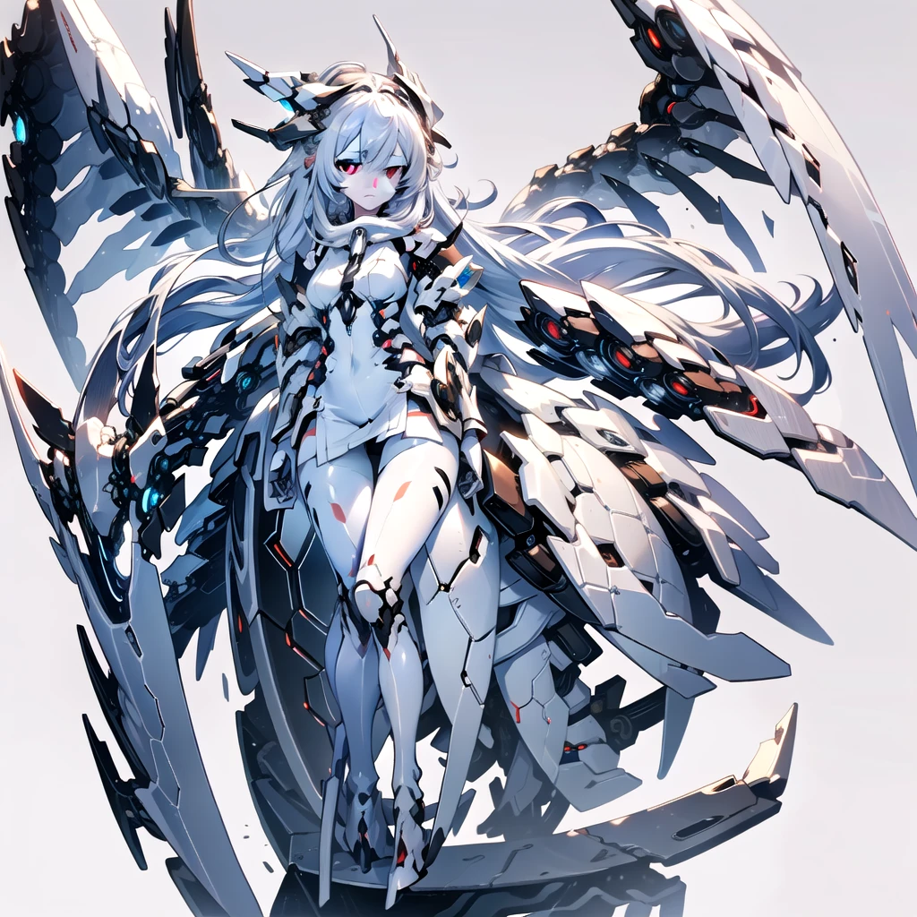 masterpiece, highest quality, highest resolution, clear_image, detailed details, White hair, long hair, cat ears, 1 girl, red eyes, white pantyhose, sci-fi dress, white scarf (white scarf around the neck with a light blue glow), gray futuristic halo (gray halo over the head), white wings (4 wings), cute, full body, no water marks, snow
