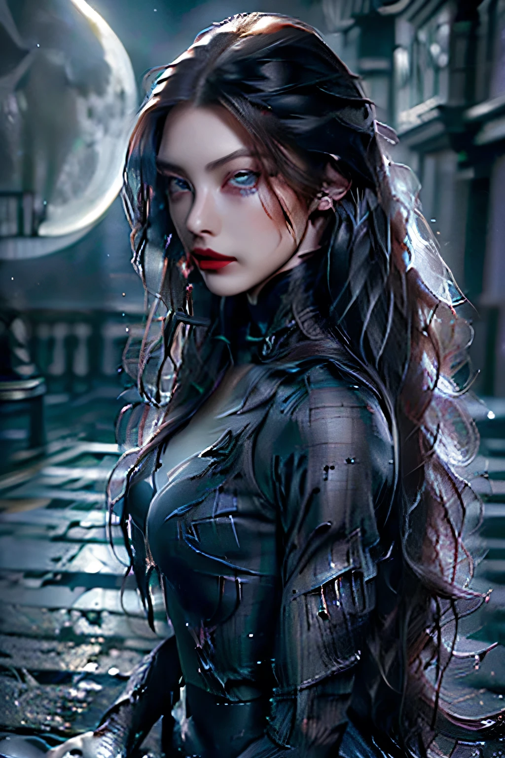(Sci-fi fantasy), (masterpiece), (Professional Oil Painting) (最high quality), (8K resolution), (1 beautiful girl), ((Pale grey skin)), (Iron grey skin), ((Jeans Clothes)),(Red jacket)), ((Black t-shirt underneath), ((Red lipstick)), ((Black sneakers)), (Concept Art), Small box, (Long Hair), (Messy Hair), (Black Hair), (Iron-gray hair), ((With futuristic weapons)), (ammunition), ((Moonlight at night)), (Sit down and think)), masterpiece, 最high quality, high quality, High resolution,