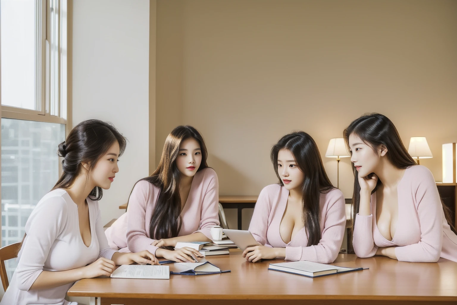 3 sexy women,three students sitting at a table with books and a laptop, college students, student, Study in a brightly lit room., in the bedroom, The group sat at a table., in the background, นั่งอยู่in the bedroom,