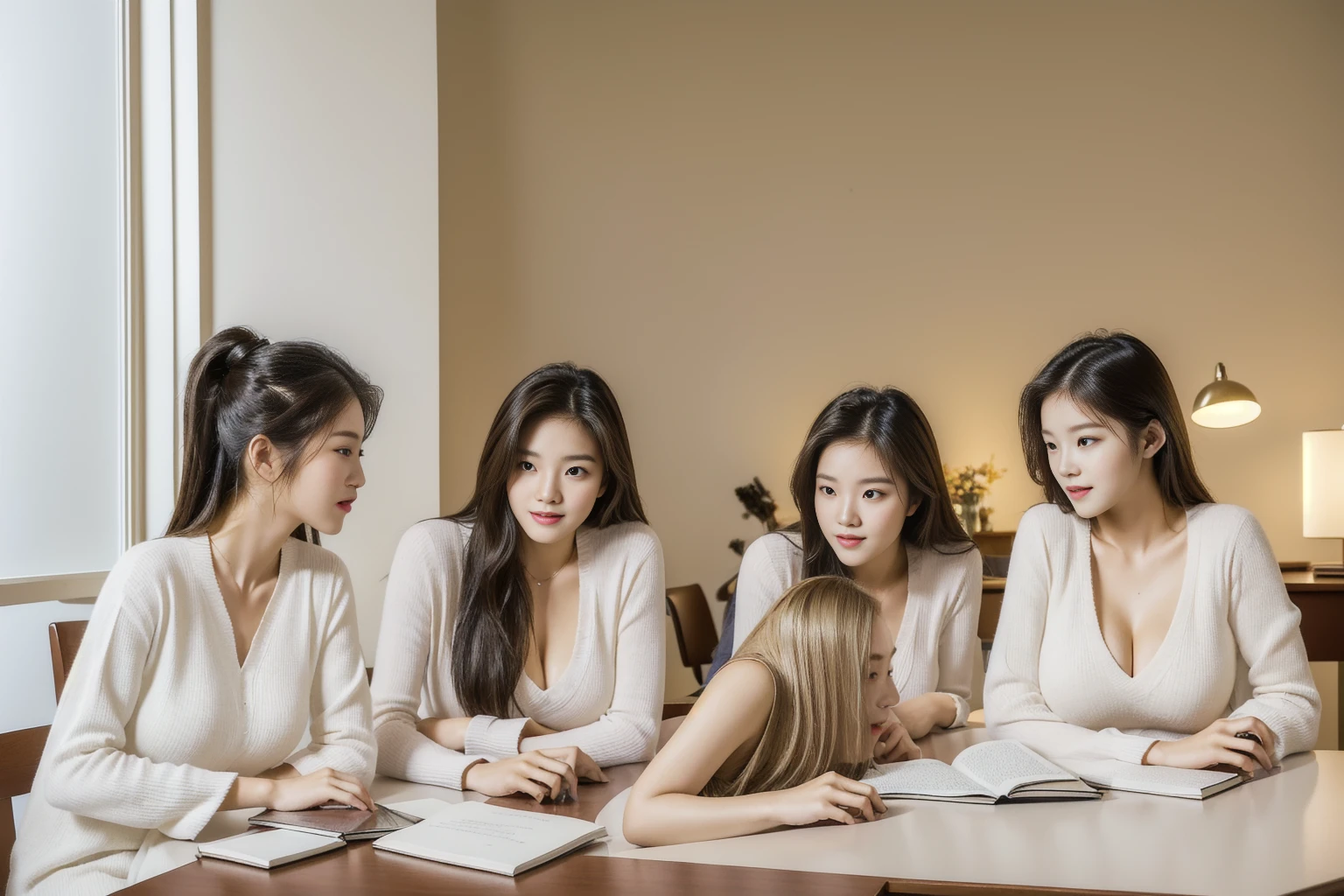 3 sexy women,three students sitting at a table with books and a laptop, college students, student, Study in a brightly lit room., in the bedroom, The group sat at a table., in the background, นั่งอยู่in the bedroom,