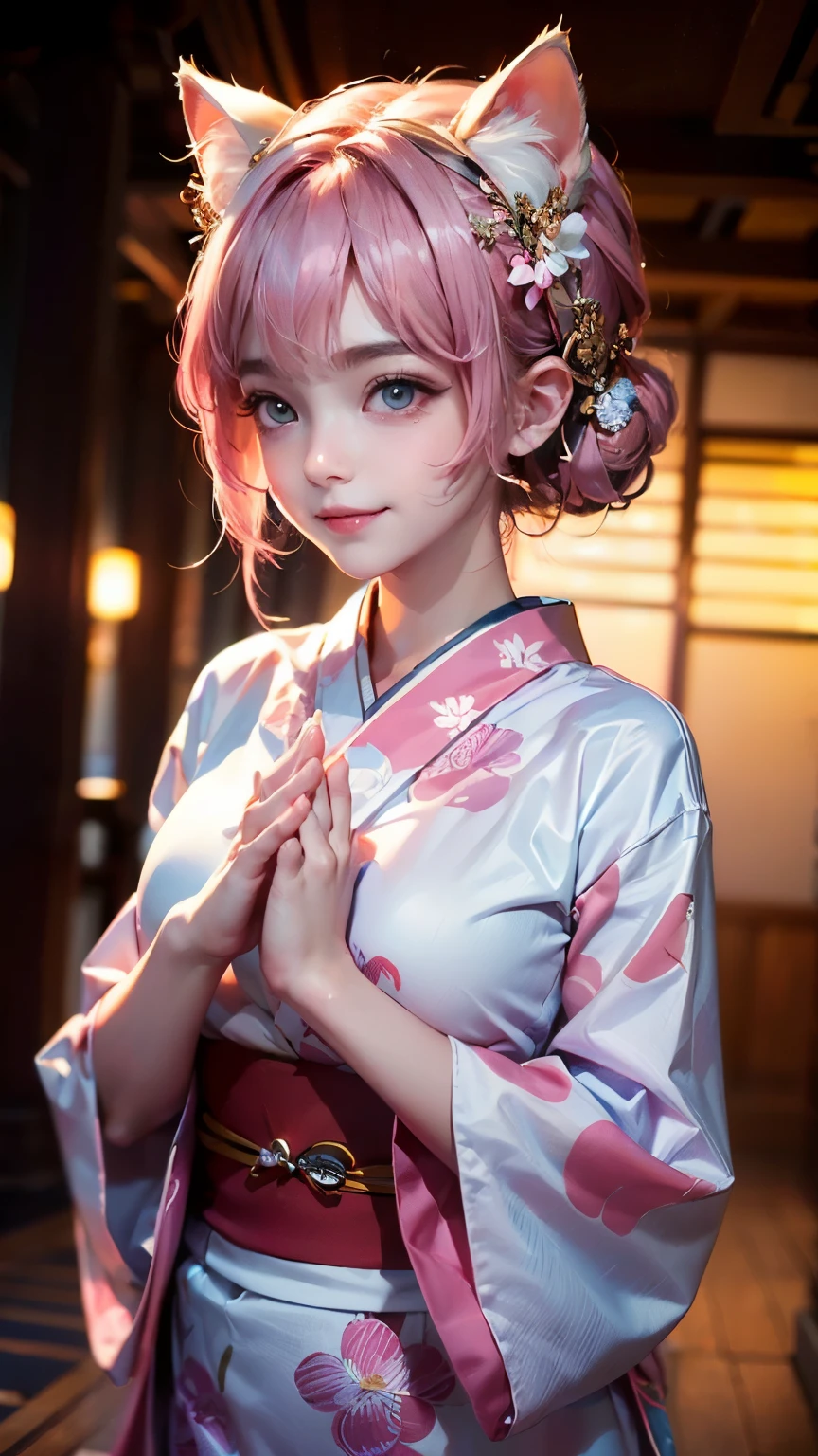((Highest quality)), ((masterpiece)), (detailed), 8K, High Resolution,One girl, Pink Hair, Perfect Eyes, Goddess of Athena, I'm praying, Hands together, (have confidence:1.6), (Facing forward:1.5), (Be confident:1.5), japanese festival on background, smile, pink floral yukata, Cat ear, (Angel's wing:1.2), big eyes, (The body also faces forward:1.5),