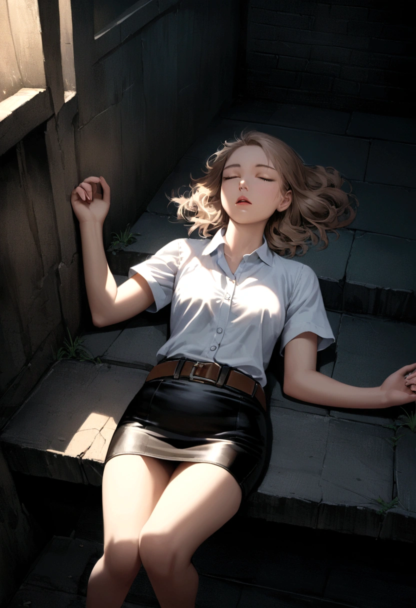 realistic anime illustration of pretty young woman, (wearing white shirt short sleeves, collared button up shirt, black pencil mini skirt, belt, sneakers), sleeping, closed eyes, open mouth, large spider web, dark night alley scenery