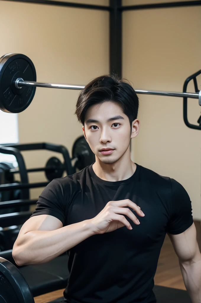 Korean man, Inspiration from Peng Yuyan, 30 years old, 236 years old, Cute Korean Face, 35 yo, 33 year old Korean muscular man,Gym in the background, black t-shirt