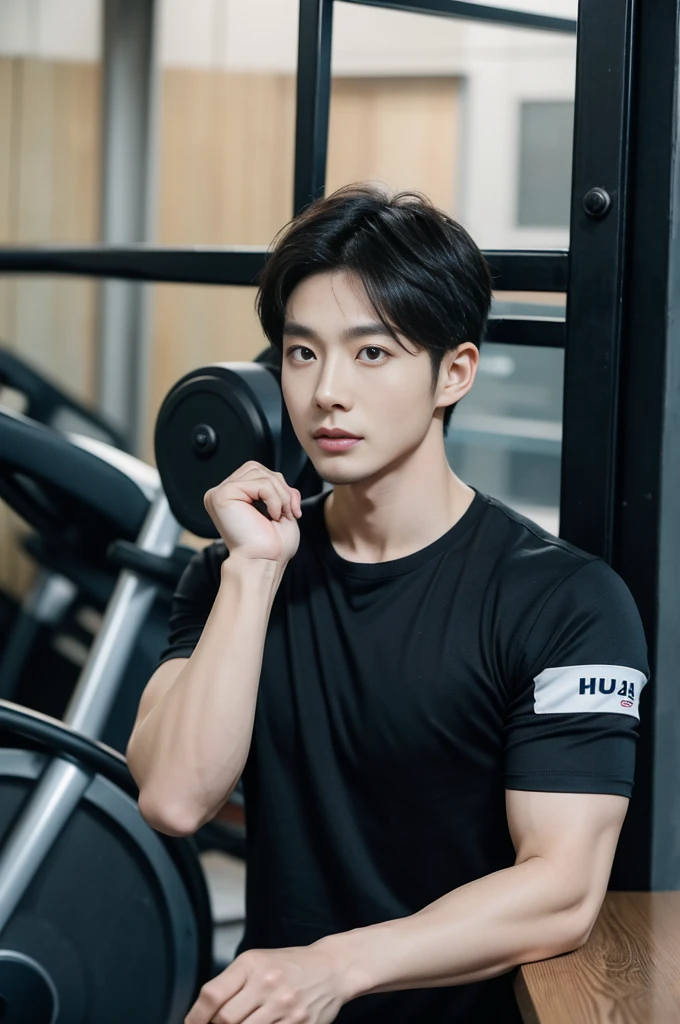 Korean man, Inspiration from Peng Yuyan, 30 years old, 236 years old, Cute Korean Face, 35 yo, 33 year old Korean muscular man，Gym in the background, black t-shirt