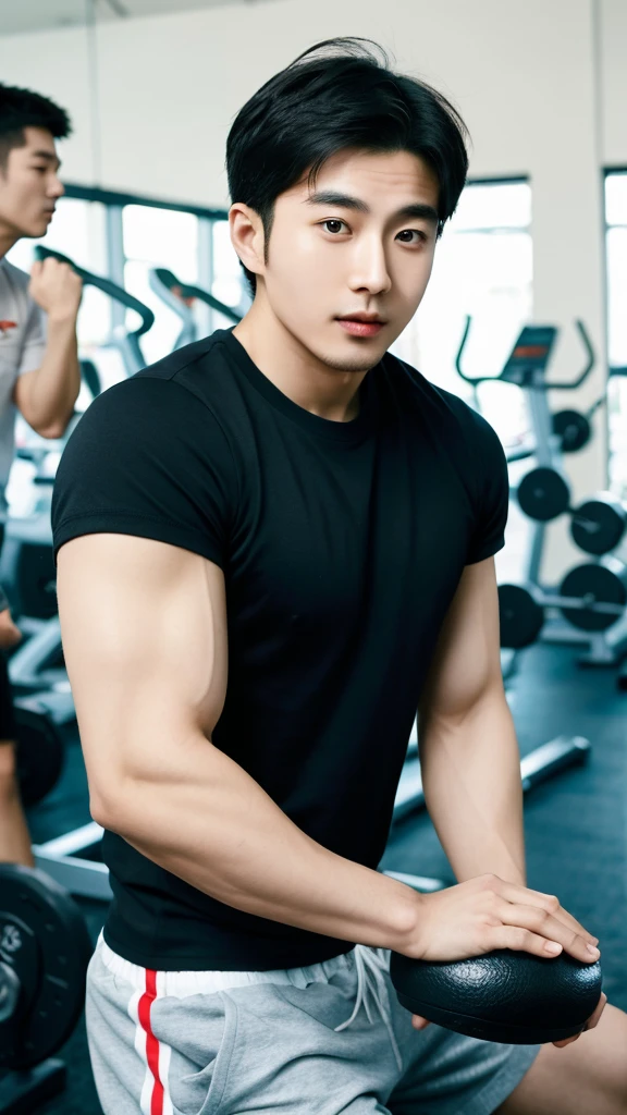 Korean man, Inspiration from Peng Yuyan, 30 years old, 236 years old, Cute Korean Face, 35 yo, 33 year old Korean muscular man，Gym in the background, black t-shirt