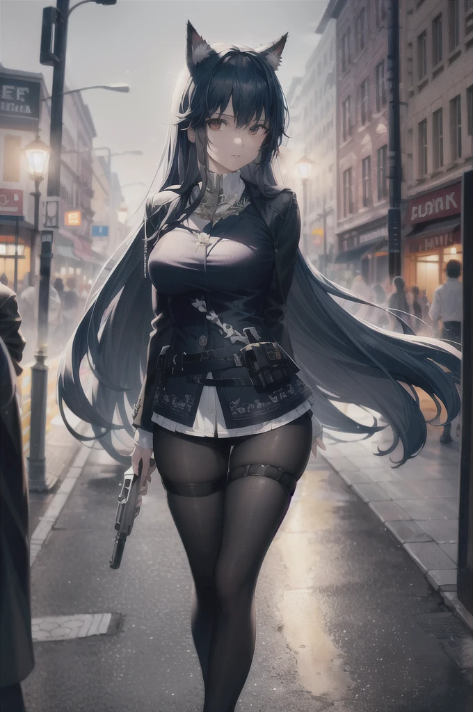 (8k, RAW photo, best quality, masterpiece:1.4), ultra high res, (realistic, photo-realistic:1.48),omertosa,1girl,(Kpop idol), (aegyo sal:1),cute, (super bokeh night city center:1.25), bokeh, night, traffic lights, road sign, rain, after rain, wet, professional lighting, detailed lighting, photon mapping, radiosity, physically-based rendering,Black pantyhosebloom, backlighting, depth of field, natural lighting, hard focus, film grain, one meter shooting distance, professional photoshoot, photographed with a Sony a9 II Mirrorless Camera, detailed eyes, realistic eyes, detailed shadow, looking at viewer, dog ears, detailed lighting, skirt, black skirt, thighhighs, black thighhighs, (detailed hair, realistic hair, realistic lighting, realistic shadow, realistic outfit), realistic skin, (gun on waist:1), realistic reflection of light from above, ((arms behind back)),(hands behind),tube top,sexy