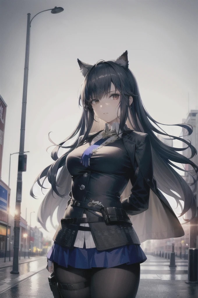 (8k, RAW photo, best quality, masterpiece:1.4), ultra high res, (realistic, photo-realistic:1.48),omertosa,1girl,(Kpop idol), (aegyo sal:1),cute, (super bokeh night city center:1.25), bokeh, night, traffic lights, road sign, rain, after rain, wet, professional lighting, detailed lighting, photon mapping, radiosity, physically-based rendering,Black pantyhosebloom, backlighting, depth of field, natural lighting, hard focus, film grain, one meter shooting distance, professional photoshoot, photographed with a Sony a9 II Mirrorless Camera, detailed eyes, realistic eyes, detailed shadow, looking at viewer, dog ears, detailed lighting, skirt, black skirt, thighhighs, black thighhighs, (detailed hair, realistic hair, realistic lighting, realistic shadow, realistic outfit), realistic skin, (gun on waist:1), realistic reflection of light from above, ((arms behind back)),(hands behind),tube top,sexy