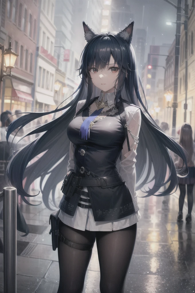 (8k, RAW photo, best quality, masterpiece:1.4), ultra high res, (realistic, photo-realistic:1.48),omertosa,1girl,(Kpop idol), (aegyo sal:1),cute, (super bokeh night city center:1.25), bokeh, night, traffic lights, road sign, rain, after rain, wet, professional lighting, detailed lighting, photon mapping, radiosity, physically-based rendering,Black pantyhosebloom, backlighting, depth of field, natural lighting, hard focus, film grain, one meter shooting distance, professional photoshoot, photographed with a Sony a9 II Mirrorless Camera, detailed eyes, realistic eyes, detailed shadow, looking at viewer, dog ears, detailed lighting, skirt, black skirt, thighhighs, black thighhighs, (detailed hair, realistic hair, realistic lighting, realistic shadow, realistic outfit), realistic skin, (gun on waist:1), realistic reflection of light from above, ((arms behind back)),(hands behind),tube top,sexy