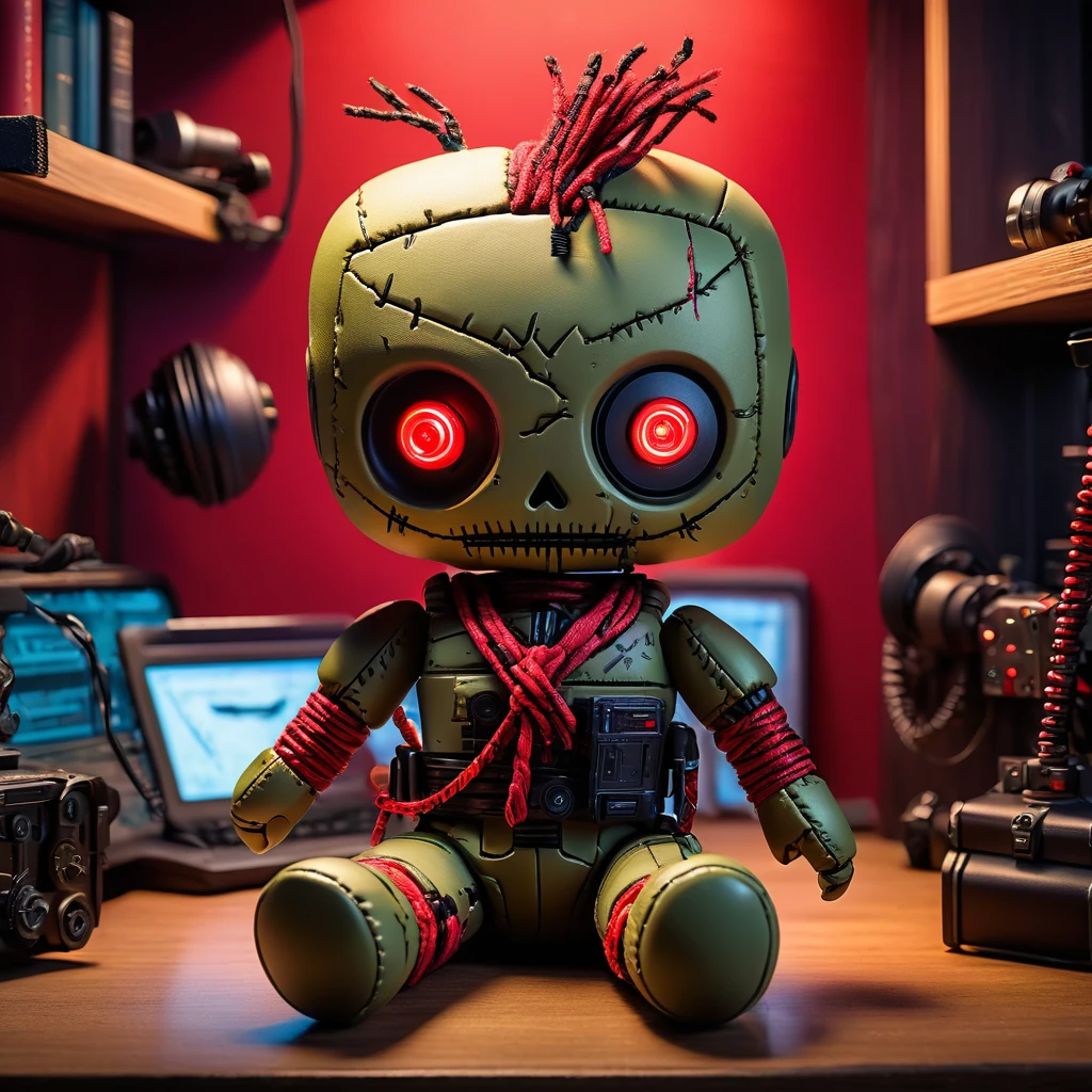 (knitted toy voodoo doll:1.5), (Voodoo Doll on a Secret Base:1.3), (Clothing: covert operative gear with camouflage patterns:1.0), (Accessories: enchanted gadget emitting red light, floating classified documents:1.1), (background: hidden base with high-tech equipment, secure vaults, and an air of secrecy:1.2), best quality, masterpiece, detailed soft oil painting, detailed background, dramatic cinematic lighting, soft edge lighting, professional, dramatic lighting, hard edge lighting, ultra quality, 4k,masterpiece, best quality, 8k, ultra highres, highres, extremely detailed